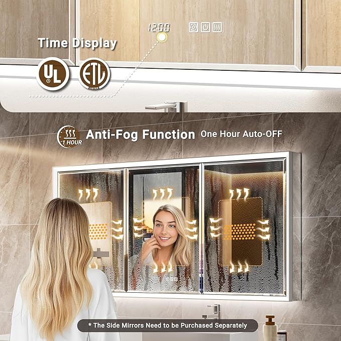48x30 Beveled Lighted Medicine Cabinet with Mirror & Lights, Surface or Recessed Mirrored Medicine Cabinet with Outlet & Clock, Anti-Fog Dimmable LED Storage Cabinet, Built-in Sensor Light