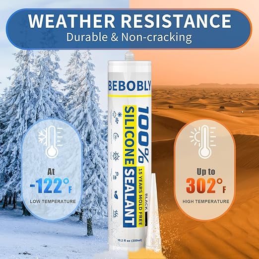 Black Silicone Caulk & Sealant, 100% Waterproof Silicone Caulking, Silicone Sealant Caulking for Kitchen, Bathroom, RV, Interior & Exterior Use, Shrink & Crack Proof, 10.2 FL. OZ/300ML, 1 Pack