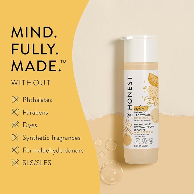 The Honest Company 2-in-1 Cleansing Shampoo Body Wash Gentle for Baby Naturally Derived Tear-free Hypoallergenic Citrus Vanilla Refresh 18 fl oz