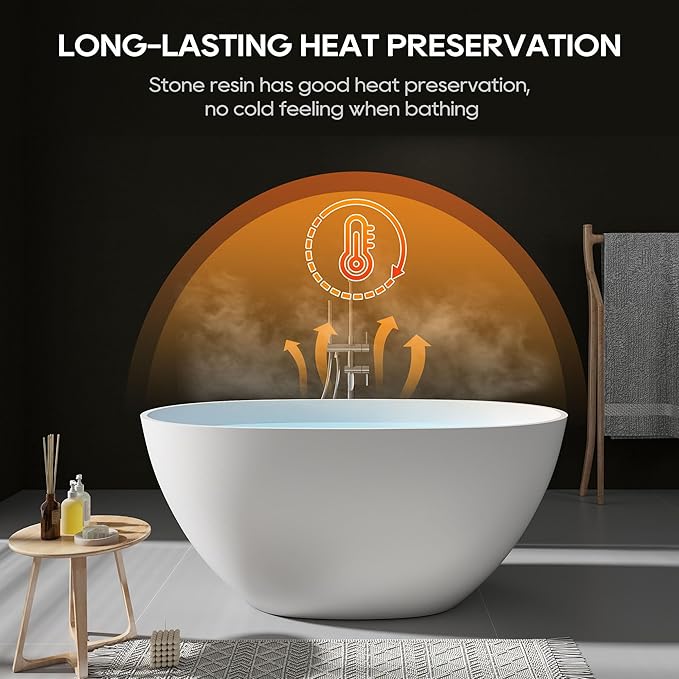 SJ STAR&JANE 51" Solid Surface Freestanding Bathtub, Stone Resin Oval Soaking Tub, Matte White，with Pop-up Drain & Overflow