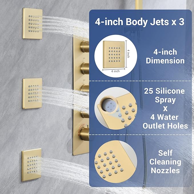 Thermostatic Dual Shower System with 4-Inch Body Jets, Ceiling 16" Rainfall Shower & Wall Mount 6-Inch Shower Head, Brushed Gold Luxury Shower Faucet Set with Handheld Sprayer