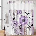 No Hook Purple Flower Shower Curtain with Snap in Fabric Liner Set, Rustic Farmhouse Daisy Double Layers Waterproof Fabric with See Through Top Window Open Grommet Bath Curtain 71x74 Inch