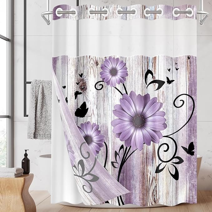 No Hook Purple Flower Shower Curtain with Snap in Fabric Liner Set, Rustic Farmhouse Daisy Double Layers Waterproof Fabric with See Through Top Window Open Grommet Bath Curtain 71x74 Inch