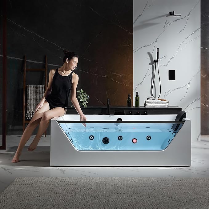 Empava Acrylic Whirlpool Bathtub, 71-Inch Jetted Bathtub with Heater, 10 Jets Hydromassage with Chromatherapy, 3-Side Apron with LED Control Panel, Waterfall, Black Hardware and Nozzles