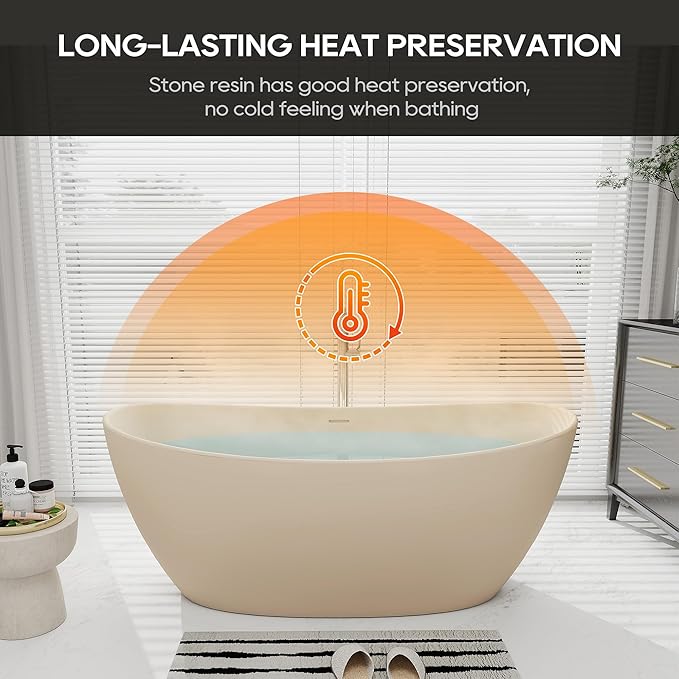 SJ STAR&JANE 65" Solid Surface Freestanding Bathtub Stone Resin Soaking Tub Milk Coffee Double Slippers Stand Alone Oval Tub with Pop-up Drain and Overflow for Bathroom