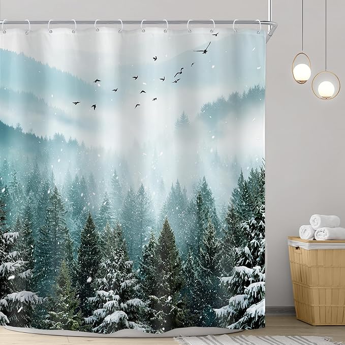Riyidecor Green Mountain Shower Curtain 72Wx72H Inch Winter Snowy Rustic Sage Scenery Misty Landscape Foggy Christmas Pine Tree Wood View Bathroom Decor Fabric Polyester Waterproof 12 Pack Hooks