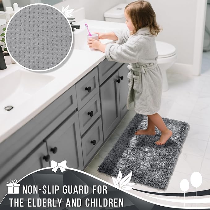 Yimobra Luxury Chenille Bathroom Rug Mat, Extra Soft and Absorbent Shaggy Bath Rugs Non Slip, Machine Washble Dry, Plush Floor Carpet for Tub, Shower, and Bath Room, 36x24 Inch, Silver