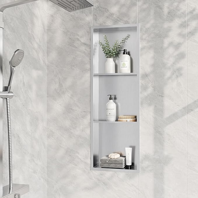 Neodrain12X36 Inch Shower Niche, Brushed 3-Tier Stainless Niches No Tile Needed Bathroom Wall Niche for Shower Storage Waterprooof, Recessed in Wall