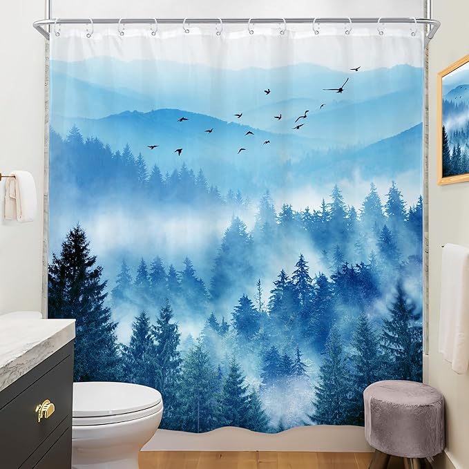 Riyidecor Extra Long Blue Shower Curtain 72Wx78H Inch Foggy Misty Nature Mountain Scene Navy Park View Pine Tree Alpine Natural Botanical Bathroom Decor Fabric Polyester Waterproof 12 Pack Hooks
