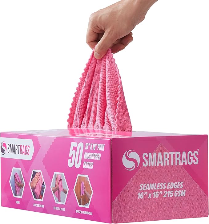 Arkwright Smart Rags in Box - (Pack of 50) Lint Free, Large Microfiber Cleaning Cloth, Scratch & Streak-Free, Dispensable Wash Towels for Cars, Kitchen, and Window Glass, Pink