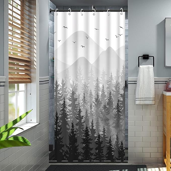 Aipon Black Misty Forest Shower Curtain Gray Ombre Nature Tree Plants Shower Curtains Fabric Waterproof Mountain Shower Curtain Sets for Bathroom Bath Decor (Black, 36'' × 72'')