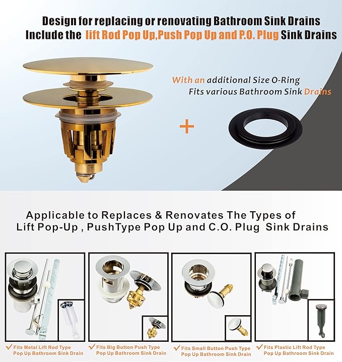 Artiwell Universal Bathroom Sink Drain Stopper, Fits Most Pop-Up Drains for Vessel Sink Lavatory Vanity, Sink Drain Strainer with Detachable Hair Catcher, Tested by Plumber in US (Brushed Gold)