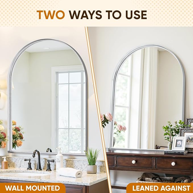 Arched Mirror 30"x40", Bathroom Mirror, Wall Mounted Vanity Mirror with Arch Metal Frame for Bathroom, Over Sink, Bedroom, Living Room, Deep Frame, Silver