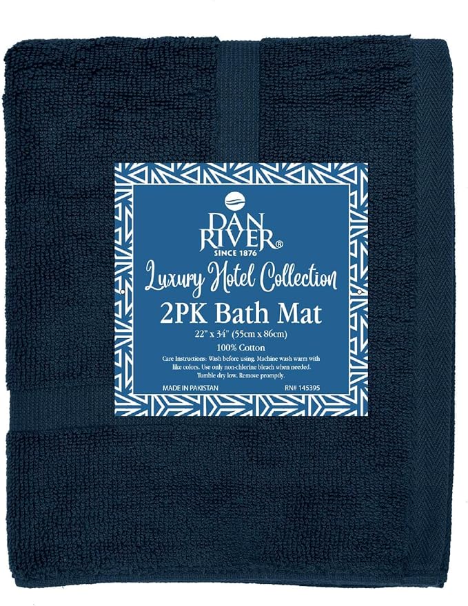 DAN RIVER Classic Cotton Bath Mats Set of 2 – Not a Bathroom Rug, Ultra Soft, Highly Absorbent & Machine Washable Bath Mat Towel for Bathroom Floor Mat – Durable, Quick-Dry, 21x34 Inches, Blue Opal