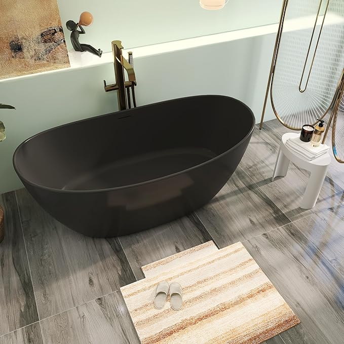65" Premium Solid Surface Freestanding Bathtub, Upgraded Modern Design Stand Alone Tub with Overflow and Pop-up Drain, Matte Black