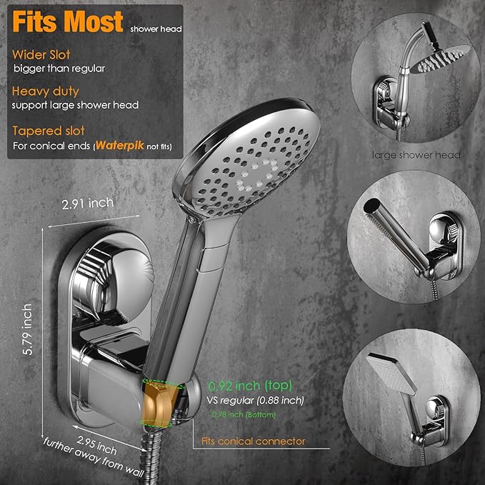 Handheld Shower Head Holder - 5 Positions Adjustable + 90° downwards - Adhesive Wall Mount - Fits Large showerhead - Wider Slot For Universal Fits - Polished Chrome