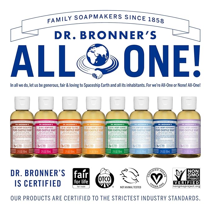Dr. Bronner's - Pure-Castile Liquid Soap (Rose, 2 ounce) - Made with Organic Oils, 18-in-1 Uses: Face, Body, Hair, Laundry, Pets and Dishes, Concentrated, Vegan, Non-GMO