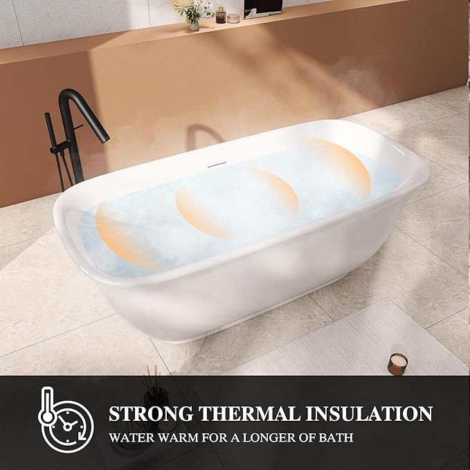 67" Acrylic Freestanding Bathtub, Soaking Tub for Bathroom, Stand Alone Tub, cUPC Certified, Integrated Overflow and Drain, Gloss White