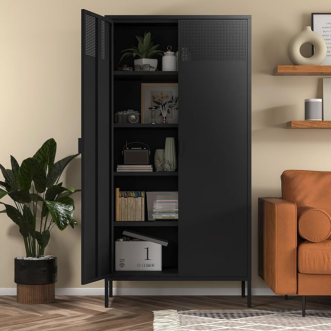 COFaR 5 Tier Black Metal Storage Cabinet, Free Standing with 2 Doors, 4 Adjustable Shelves and Legs, Cupboard Metal Cabinet for Living Room, Kitchen, Dining Room, Office