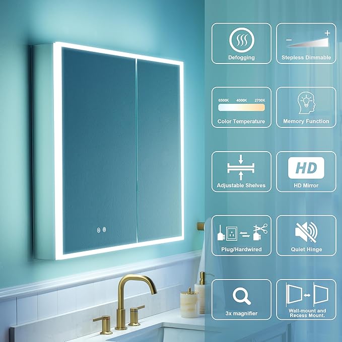 WELLFOR 30" X 30" Medicine Cabinet with Lights, 3X Magnification, Anti-Fog Mirrored Cabinet, Bathroom Vanity Medicine Cabinet with Outlets & USB Ports, Double Doors
