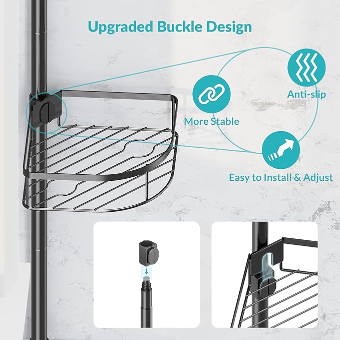 Shower Caddy Tension Pole, 4-Tier Adjustable Corner Shower Standing Caddy, Rustproof Rack for Bathroom Bathtub, with 4 Shelves, No Drilling Corner Bathroom Shelf for Inside (Black)