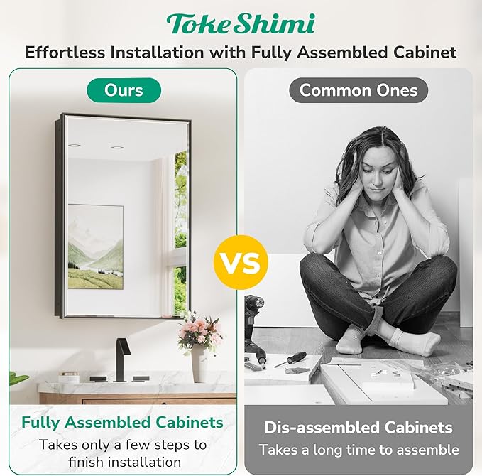 TokeShimi 24x30 Recessed Medicine Cabinet with Mirror Wall Mounted, Metal Beveled Mirror with Storage for Bathroom Vanity, Aluminum Alloy Medicine Cabinet Mirrored Black
