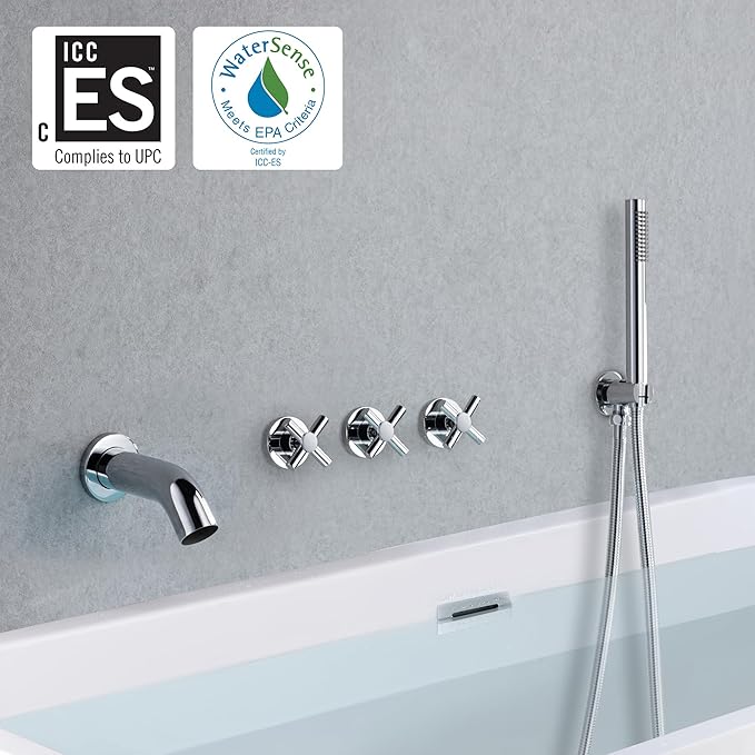 sumerain Wall Mount Tub Filler Waterfall Tub Faucet with Handheld Shower, Chrome Finish