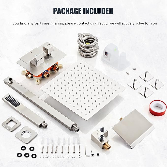 Shower Faucet Set with Tub Spout, Brushed Nickel Rainfall Shower System Complete Wall Mounted for Bathroom with 10 Inch Square Shower Head and Handheld Shower Head Rain Mixer Combo Set