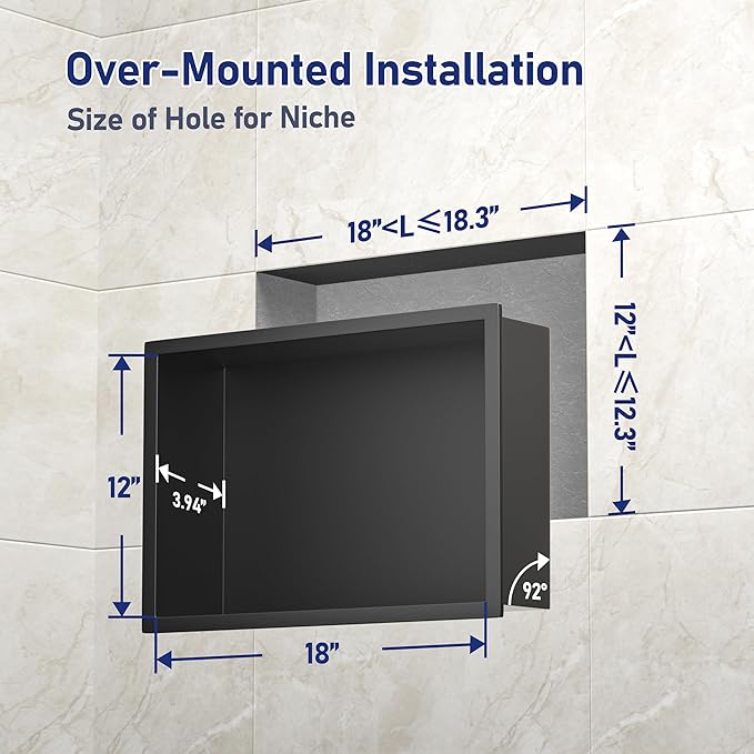 Stainless Steel Shower Niche 18" X 12" Matte Black No Tile Needed Niche Shower for Bathroom Storage Recessed Wall Shelf Over Mount Installation
