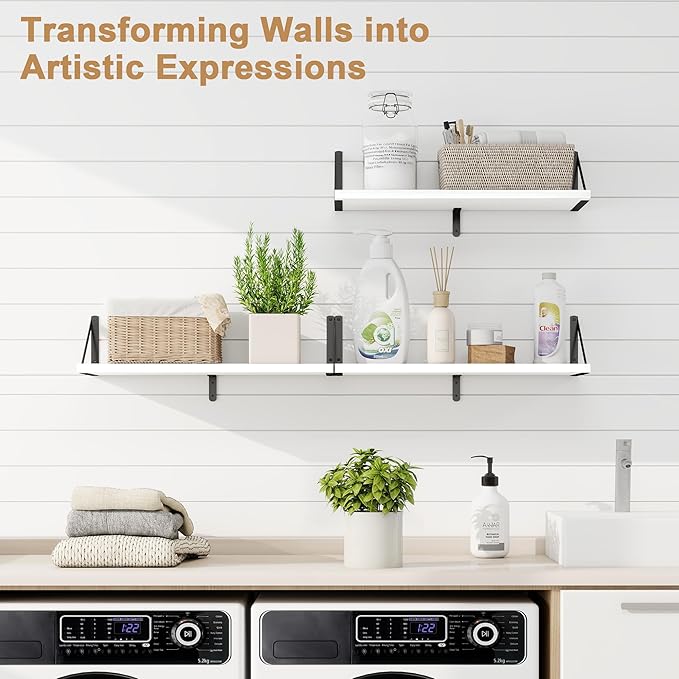 Fun Memories Floating Bookshelves, Set of 3 Wall-Mounted Wood Shelves 24" W x 8" D, Decorative Wall Shelf for Living Room, Bedroom, Bathroom, and Laundry Room (White)