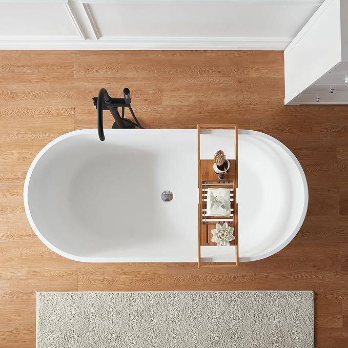 Cpingao 67" Solid Surface Freestanding Bathtub, Modern Oval Stone Resin Stand Alone Soaking Tub with Drain & Overflow, Matte White 8816-1700
