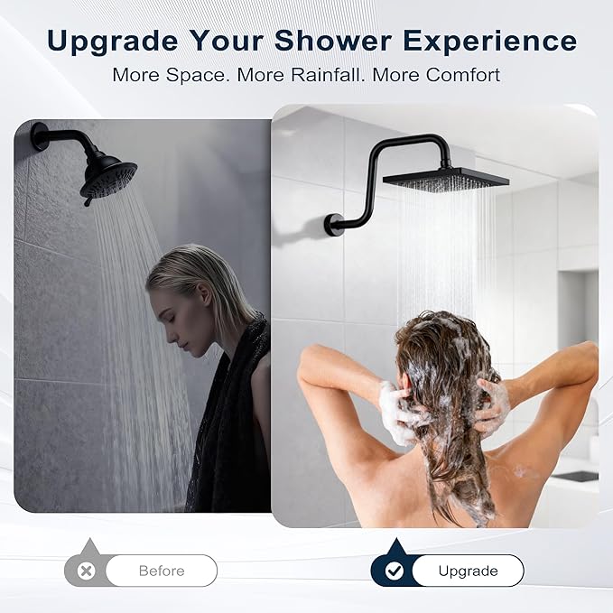 BRIGHT SHOWERS Shower Head Extension Arm 13 Inch S Shaped Gooseneck Shower Riser with Flange, Long Stainless Steel Rainfall Shower Pipe Arm Extender and Shower Neck Replacement, Matte Black