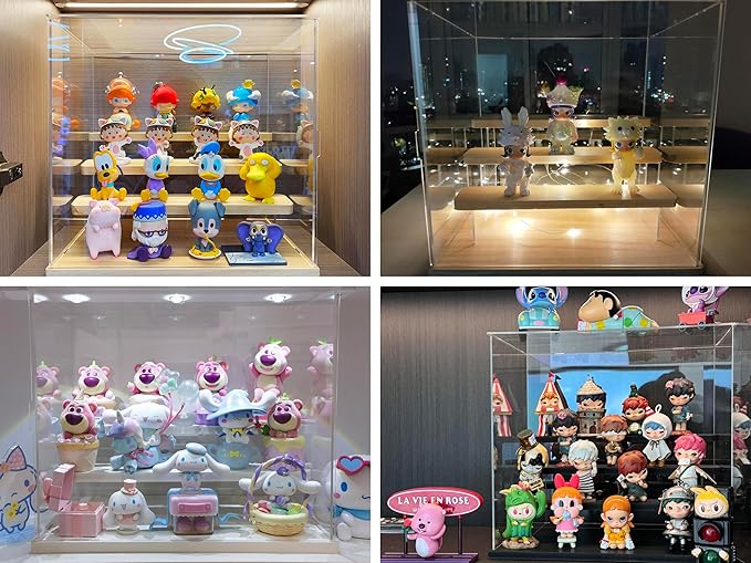 Choowin 4 Tier Clear Acrylic Display Case for Collectibles, Mini Figures, Pop Mart, Labubu, Sonny Angel, Smiski - Assemble Dustproof Acrylic Display Box with Door, Stand (Black Base Step)