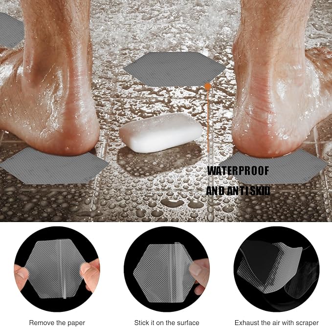 Bathtub Stickers Non-Slip, 24 PCS Hexagon Grey Safety Shower Treads Adhesive Appliques with Premium Scraper