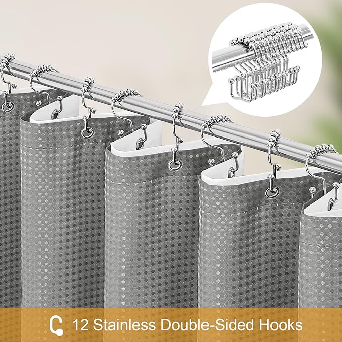 3 in 1 Long Shower Curtain Set-72 W x 78 H, Grey Waffle and PEVA Liner Set with 12 Stainless Steel Hooks, Waterproof Fabric for Bathroom