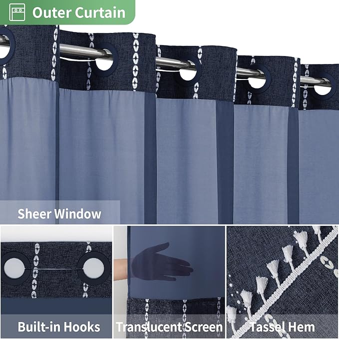 No Hook Boho Farmhouse Shower Curtain with Snap-in Liner Set,Linen Rustic Heavy Duty Striped Fabric Shower Curtain with Tassel,Hotel Style Cloth Shower Curtains for Bathroom,Navy Blue,71x74