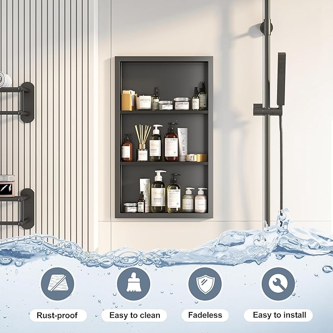 Bathroom Medicine Cabinet Recessed,14x24 Black Shower Niche for Shower Wall,Surface Mount Medicine Cabinet Replacement Shelves,Recessed Wall Niche for Over Toilet Storage/Living Room/Hallway