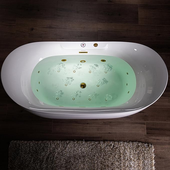 WOODBRIDGE 72" x 35-3/8" Whirlpool and Air Bath Heated Soaking Combination Tub with Adjustable Speed Air Blower and Display Control Panel, Brushed Gold Finish Trim and Drain Kit, BG400