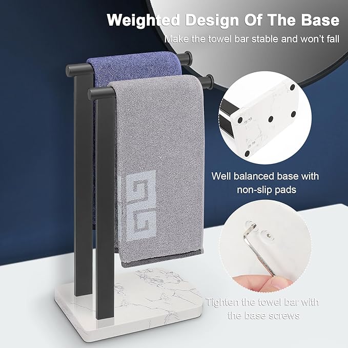 NearMoon Hand Towel Holder with Balanced Marble Base, SUS304 Stainless Steel Stand Towel Ring L Shape Hand Towel Rack Free-Standing Towel Bar for Bathroom Kitchen Countertop (Double Rod, Matte Black)