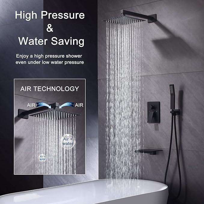 Shower System Bathtub Shower Faucet Set with Tub Spout, Matte Black 10" Shower Head Hand Held Bathroom Rain Mixer Tub Shower Combo Set Wall Mounted with Valve