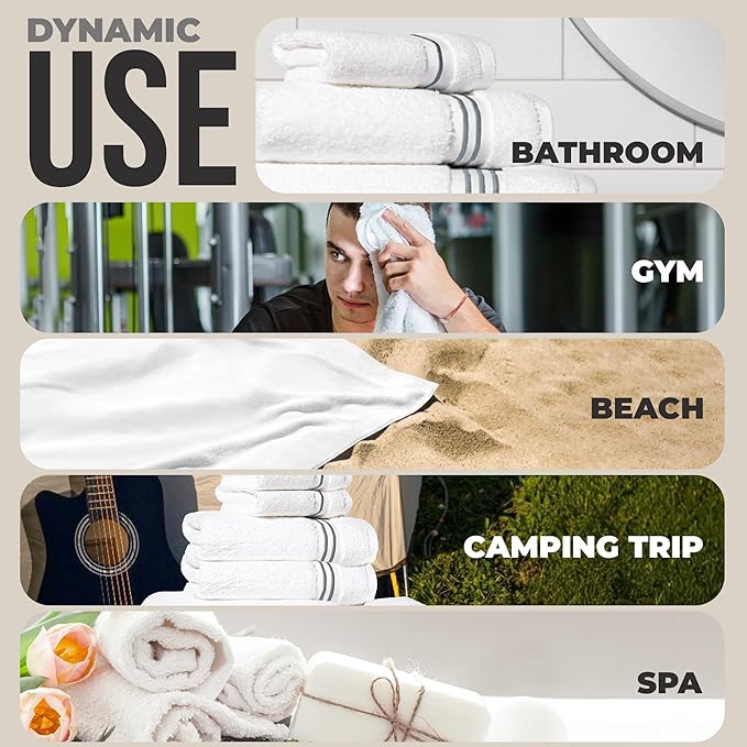 8-Piece Premium Towel Set, 2 Bath Towels, 2 Hand Towels, and 4 Wash Cloths, 100% Ring Spun Cotton Highly Absorbent Towels for Bathroom, Gym, Hotel, and Spa