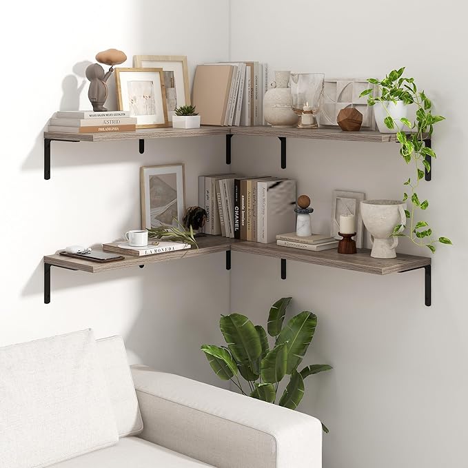 Fun Memories Deep Floating Shelves, 32W x 8D Floating Shelves Set of 2, Wall Mounted Shelf with Metal Brackets, Rustic Wood Wall Shelf for Bathroom, Kitchen and Living Room, Grey