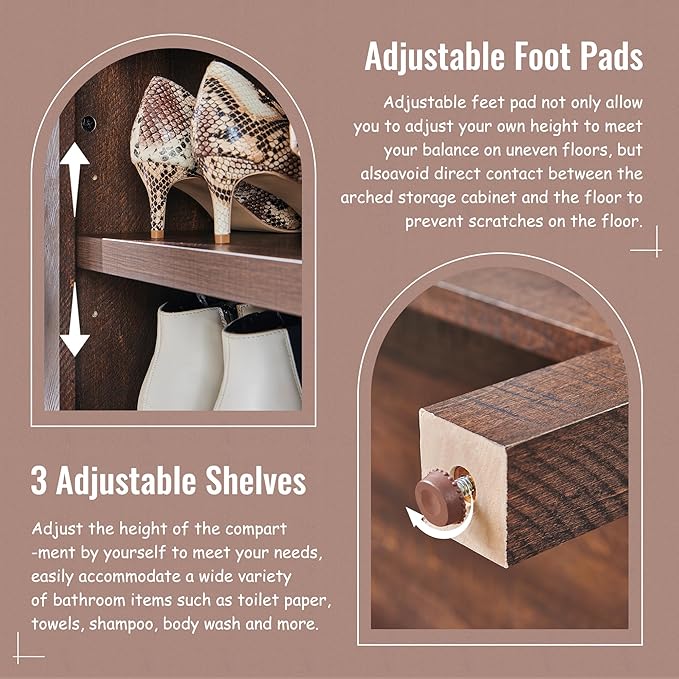 71" Tall Arched Bathroom Storage Cabinet, 8-Tier Modern Farmhouse Storage Cabinet with Adjustable Shelves, Wood Freestanding Cabinet for Bathroom, Living Room, Entryway, Hallway (Brown)