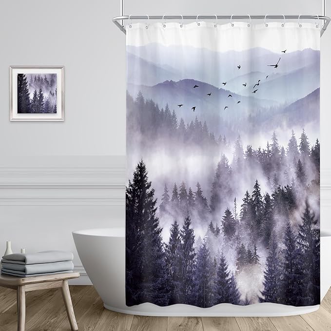 Riyidecor Purple Shower Curtain 48Wx72H Inch,Stall Narrow Rv Small Nature Mountain Woods,Rustic Landscape Scenery Pine Tree Natural Woodland Bathroom Decor Fabric Polyester Waterproof 12 Pack Hooks