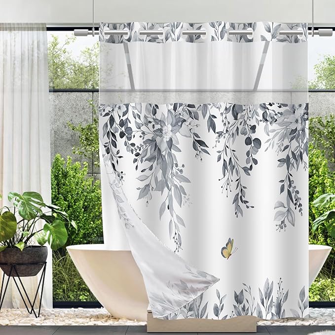 No Hook Shower Curtain and Liner Set, Blue Grey Eucalyptus Floral Shower Curtains for Bathroom, Bath Curtain Sets with Snap in Liner, Waterproof with See Through Top Window, 71x74 Inches