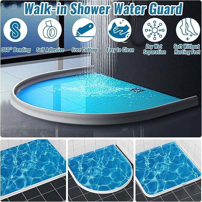 3" High Shower Threshold Water Dam 67" Long Collapsible Shower Water Splash Guard Self-adhesive Shower Barrier Bath Water Stopper To Keep Dry and Wet Separation Bathroom Kitchen (5.6Ft)