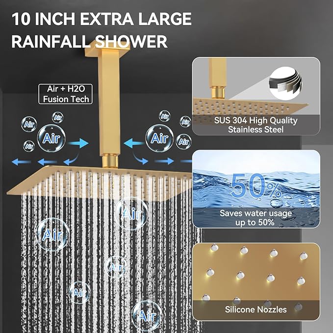 Brushed Gold Shower System with Body Jets, Bostingner 4 Way Shower Faucet Set with 2 in1 Handheld,Ceiling Mount 10 Inch Shower Head with 6 Inch Shower Head,4Pcs Body Jets With Dual Head Shower Set
