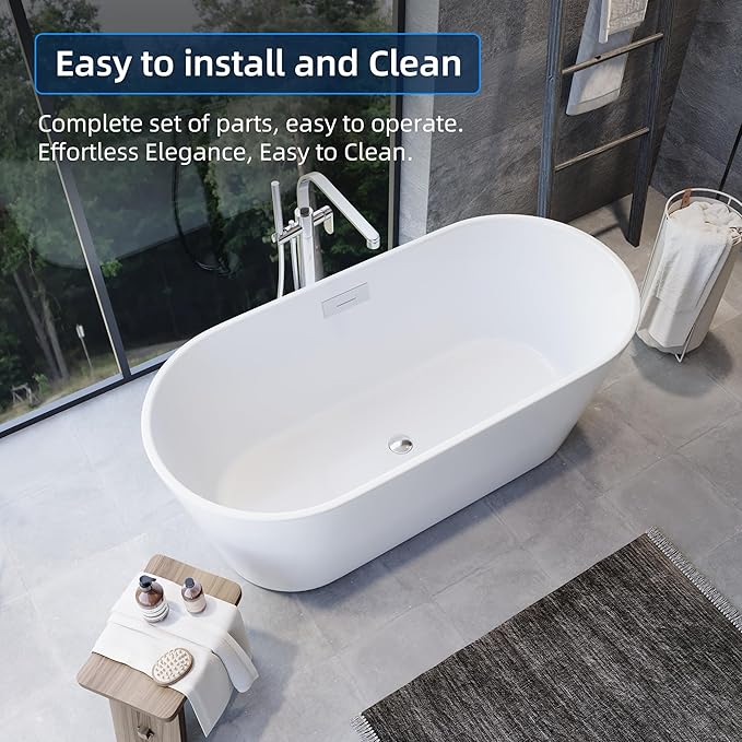 67'' Acrylic Freestanding Bathtub, Modern Soaking Tub, Deep Upright Bath, Non-Slip, cUPC Certified, Chrome Drain, Easy Clean, Spa Experience for Contemporary Bathroom Design