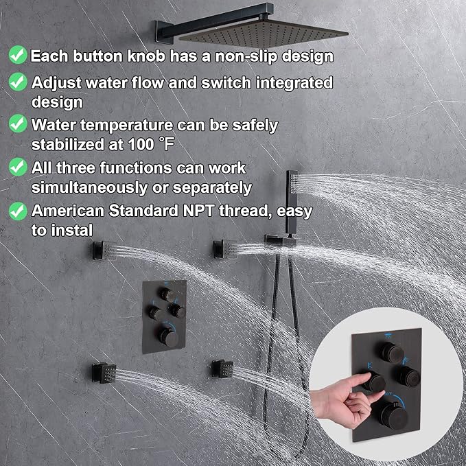 Push Button 3 Way Thermostatic Shower Diverter Valve, Concealed 3 Outlet Multi Function Brass Mixer Shower Valve Kit Can Control Flow and On-Off Simultaneously, Oil Rubbed Bronze