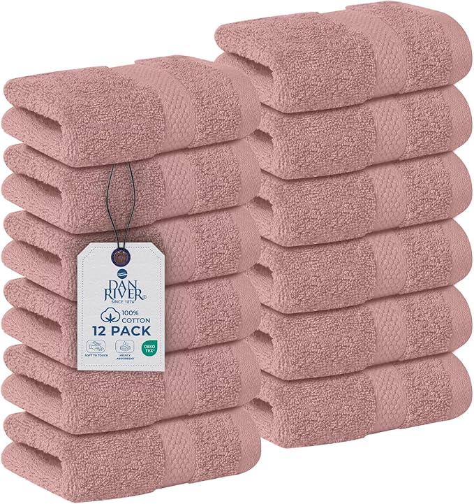 DAN RIVER 12-Pack Premium 100% Cotton Dusty Rose Face Towels – Reusable Face Towel Set, Soft & Absorbent wash Cloths for Your face, Bathroom & Body – Hand and Face Towels, 550 GSM (12x12 in)
